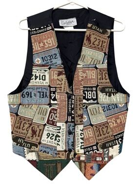 Vintage Tapestry Patchwork License Plate Vest in Multicolor